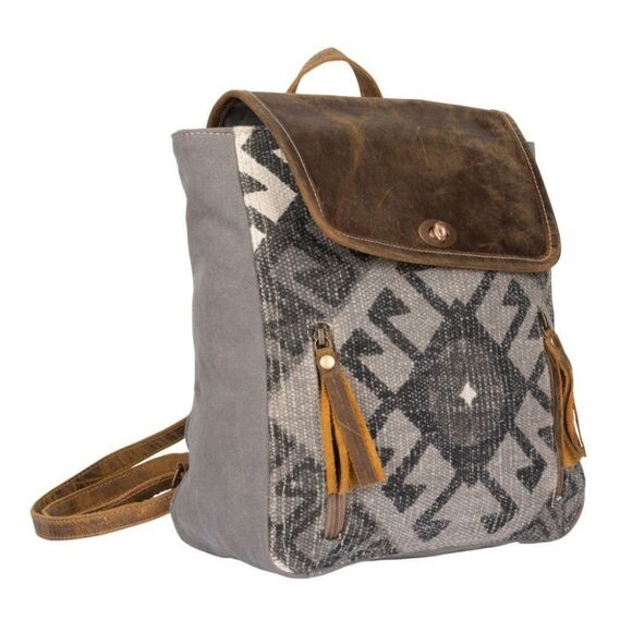 Myra Bag Handmade Felicity Backpack Upcycled Canvas & Cowhide Leather - Picture 2 of 7